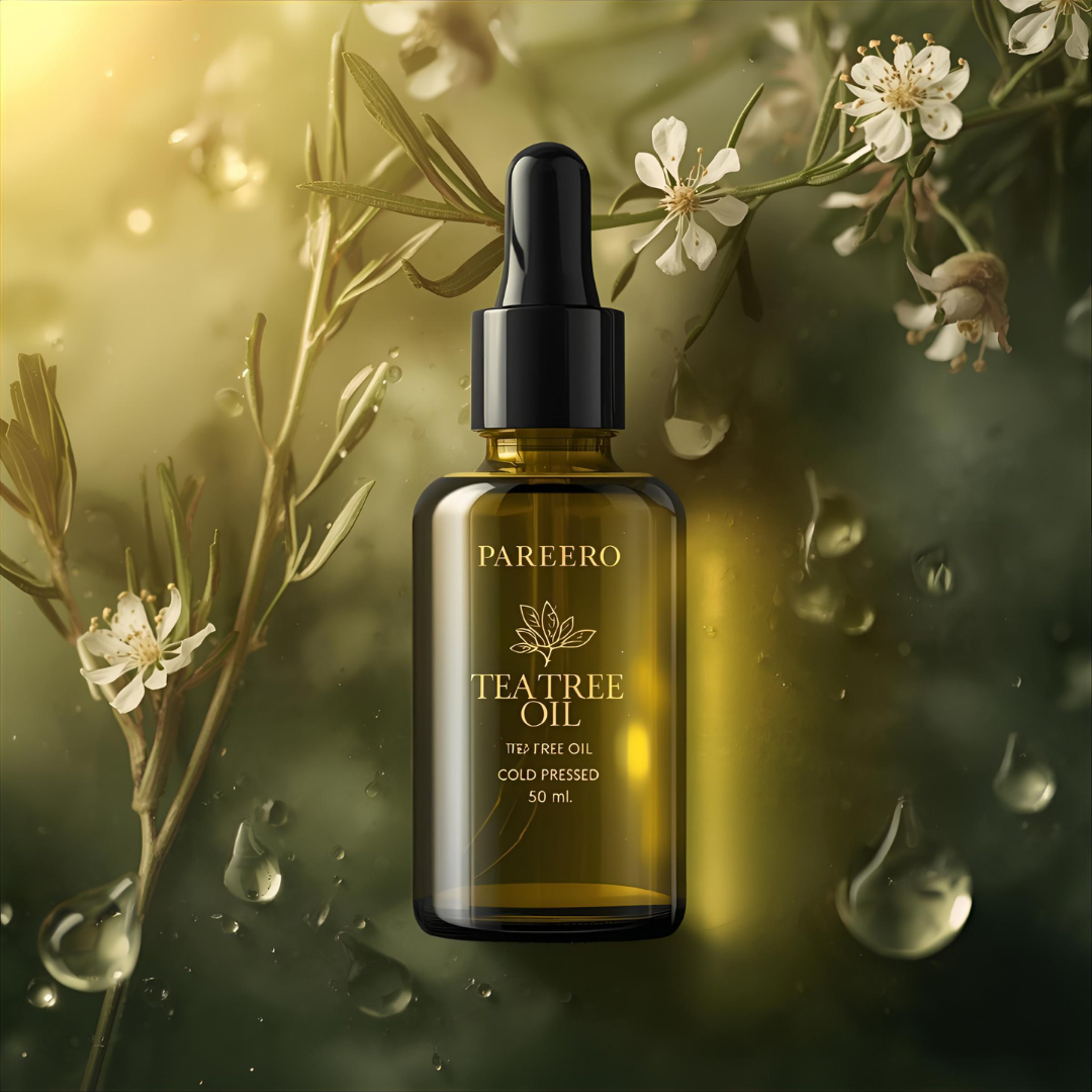 Pareero Tea Tree Oil Cold Pressed 50ml — 100% pure and organic antibacterial oil for acne treatment, scalp care, and skin purification. Helps reduce pimples, dandruff, and irritation while soothing and balancing oily skin. Premium cold-pressed formula ideal for skincare, haircare, and body care.