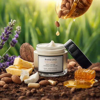 “Hand and foot cream with organic shea butter and beeswax – Pareero Soft Glow Balm for smooth, moisturized skin. Everyday natural moisturizer with aloe vera gel, coconut oil, and vitamin E – Pareero Soft Glow Balm.”