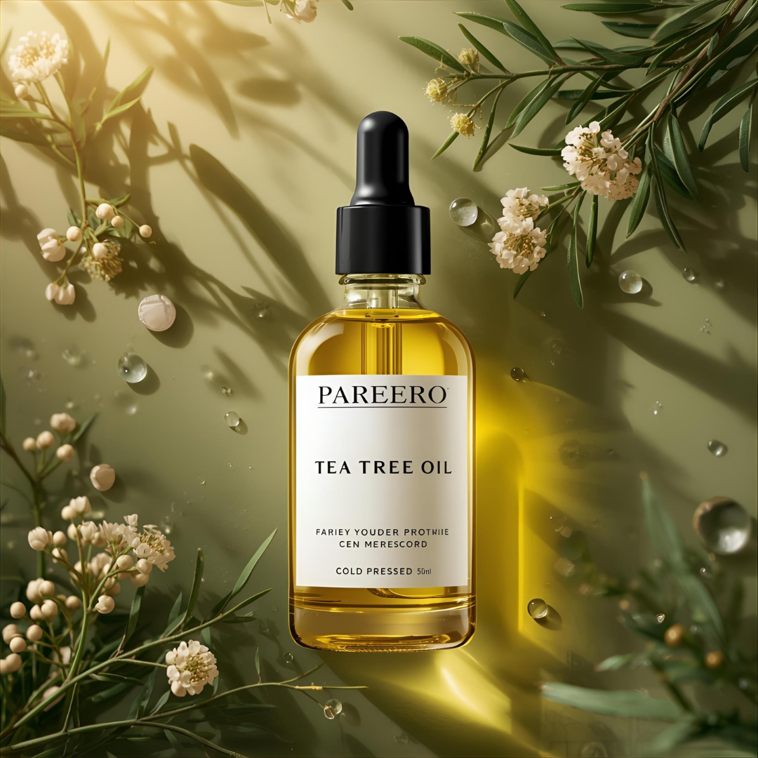 Pareero Tea Tree Oil Cold Pressed 50ml — 100% pure and organic antibacterial oil for acne treatment, scalp care, and skin purification. Helps reduce pimples, dandruff, and irritation while soothing and balancing oily skin. Premium cold-pressed formula ideal for skincare, haircare, and body care.