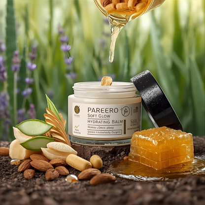 “Hand and foot cream with organic shea butter and beeswax – Pareero Soft Glow Balm for smooth, moisturized skin. Everyday natural moisturizer with aloe vera gel, coconut oil, and vitamin E – Pareero Soft Glow Balm.”