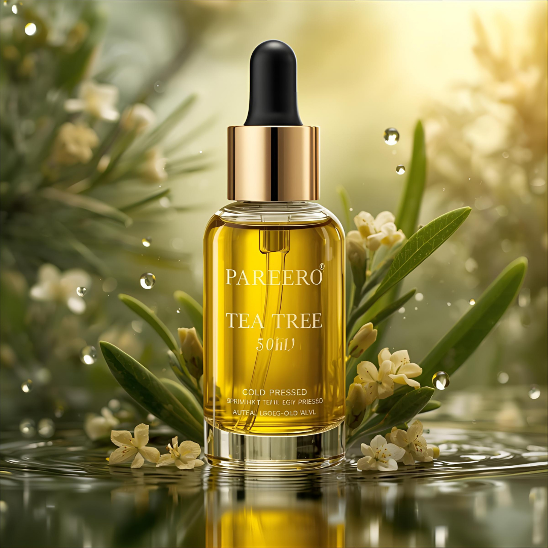 Pareero Tea Tree Oil Cold Pressed 50ml — 100% pure and organic antibacterial oil for acne treatment, scalp care, and skin purification. Helps reduce pimples, dandruff, and irritation while soothing and balancing oily skin. Premium cold-pressed formula ideal for skincare, haircare, and body care.