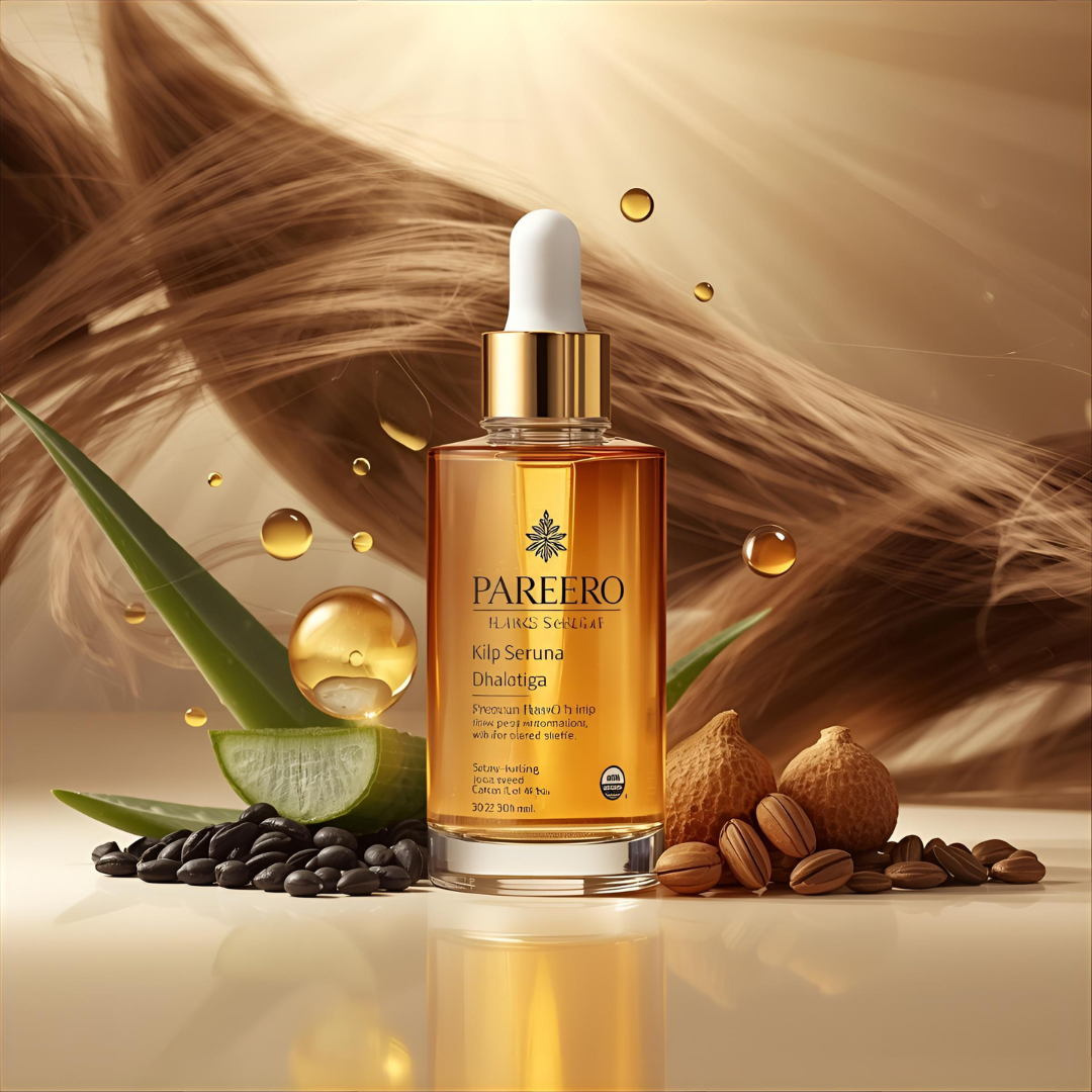 “Pareero Organic Hair Serum with argan oil, jojoba oil, castor oil, black seed oil, aloe vera, and vitamin E – natural shine and hair growth treatment.”