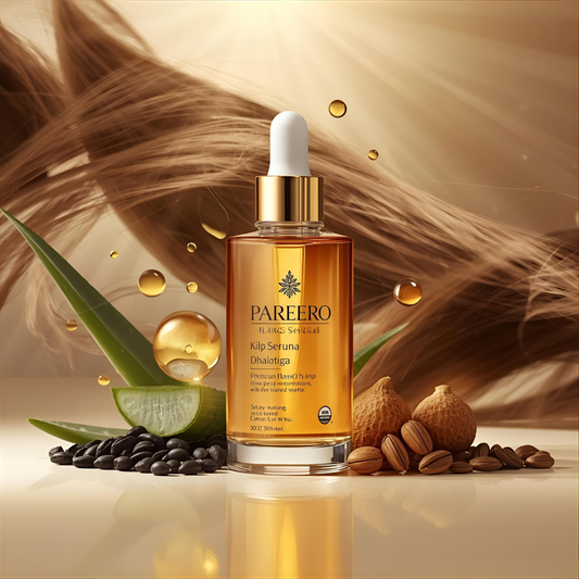 “Pareero Organic Hair Serum with argan oil, jojoba oil, castor oil, black seed oil, aloe vera, and vitamin E – natural shine and hair growth treatment.”