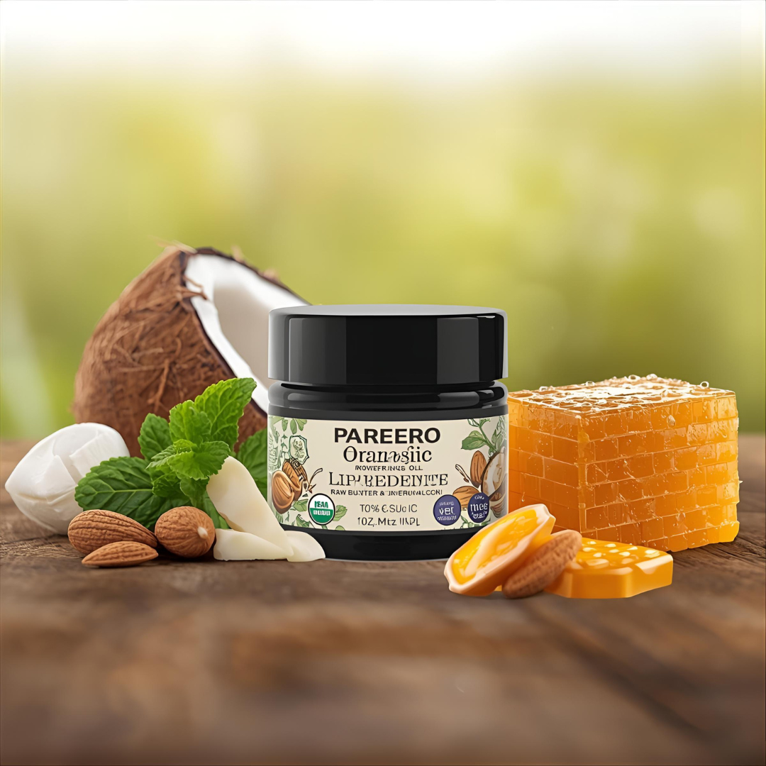 “Pareero Organic Lip & Cuticles Balm – natural vegan formula with beeswax, shea butter, coconut oil, almond oil, castor oil, peppermint oil, and vitamin E.”