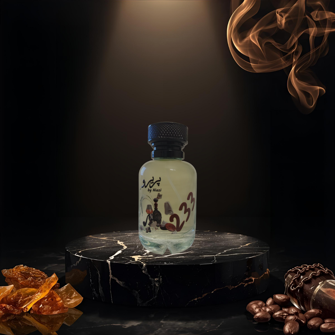 "Pareero 233 premium perfume inspired by Tragedy of George, featuring notes of brandy, amber, leather, tonka bean, and incense, luxury niche fragrance bottle."