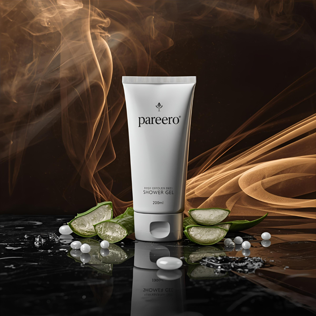 “Pareero Oud Shower Gel 200ml – premium body wash with aloe vera, glycerin, conditioner, and oud fragrance for soft, nourished skin.”