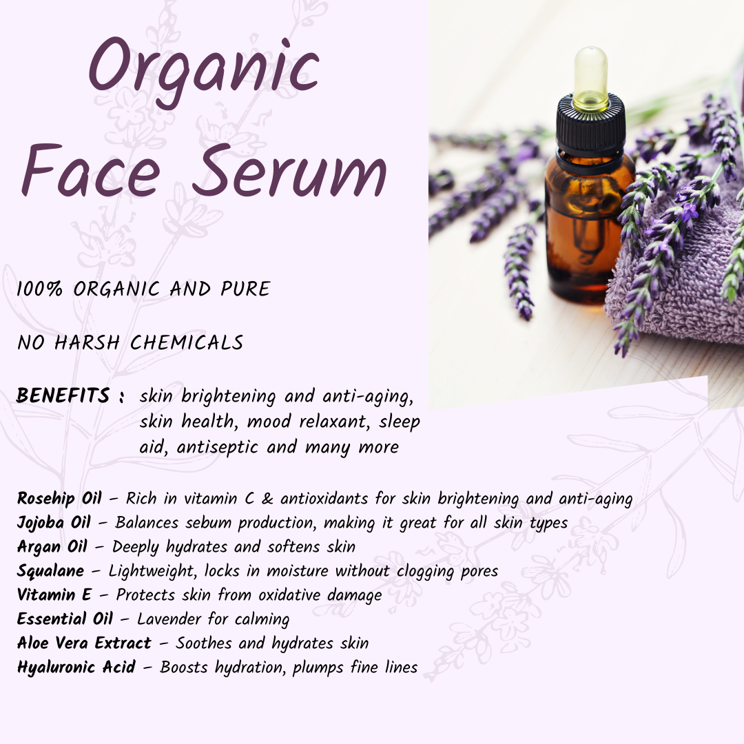 “Pareero Organic Face Serum with rosehip oil, aloe vera, jojoba, argan oil, lavender essential oil, vitamin E, and hyaluronic acid – natural glow and hydration.”