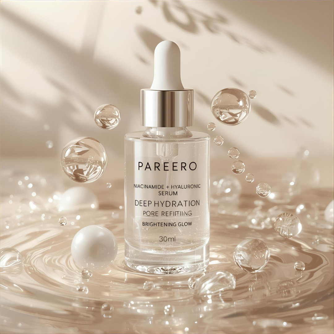 Pareero Niacinamide Hyaluronic Moisturizing Serum — Brightening and hydrating face serum with Niacinamide, Hyaluronic Acid, and Vitamin E for smooth, glowing, and even-toned skin — lightweight, organic skincare formula for daily use.