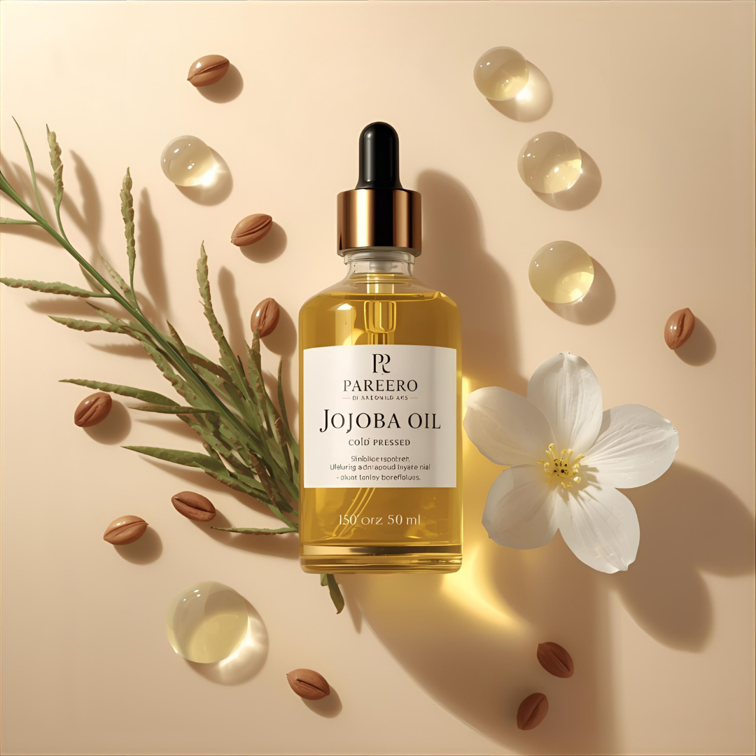 Pareero Jojoba Oil Cold Pressed 50ml — 100% pure, organic skincare oil for deep hydration, nourishing dry skin, strengthening hair, reducing fine lines, and promoting healthy, glowing skin. Premium cold-pressed formula for daily skincare and haircare routines.