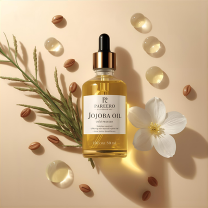 Pareero Jojoba Oil Cold Pressed 50ml — 100% pure, organic skincare oil for deep hydration, nourishing dry skin, strengthening hair, reducing fine lines, and promoting healthy, glowing skin. Premium cold-pressed formula for daily skincare and haircare routines.