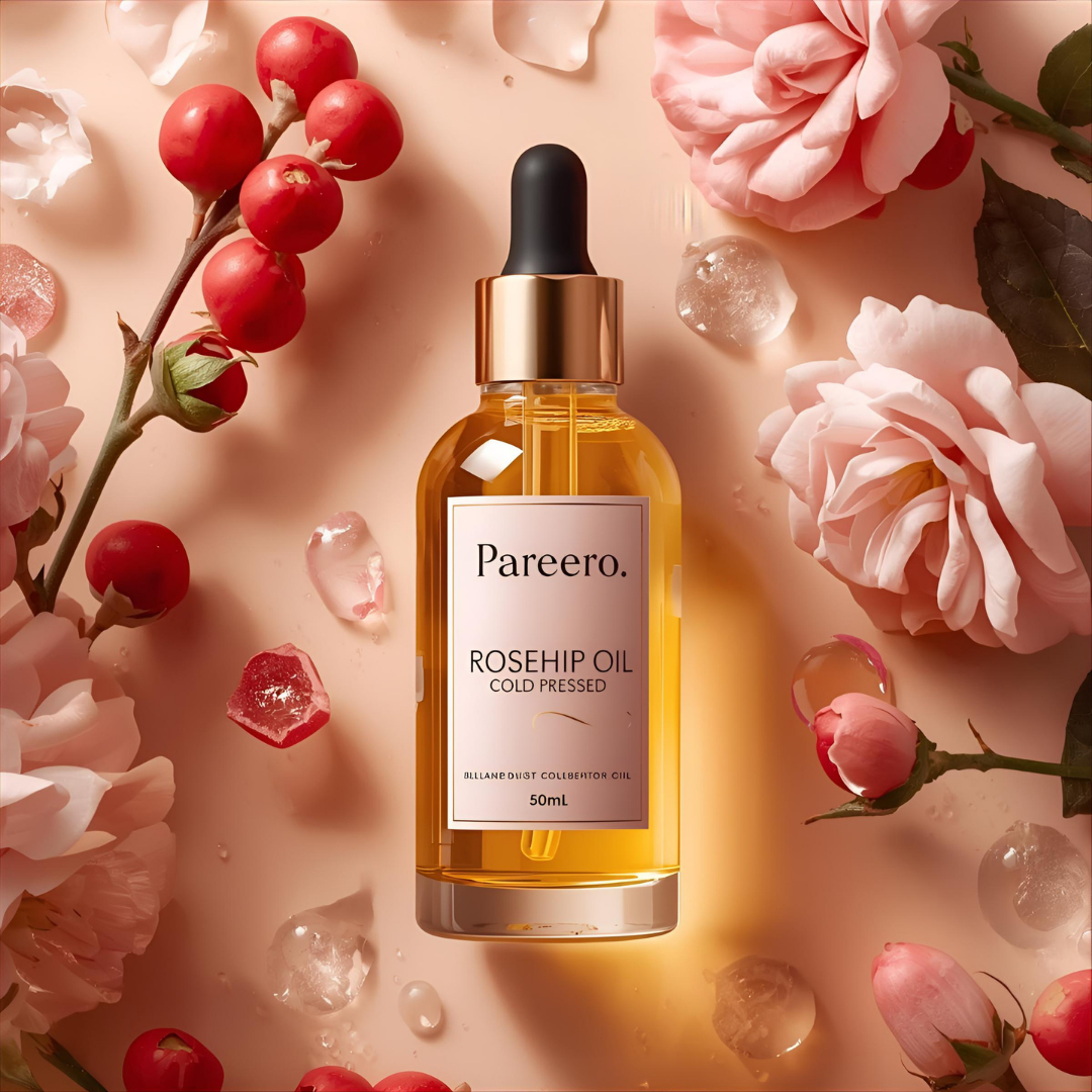 areero Rosehip Oil Cold Pressed 50ml — 100% pure and organic facial oil rich in vitamins A and C for brightening, hydrating, and rejuvenating skin. Helps fade scars, reduce wrinkles, even skin tone, and promote a healthy, youthful glow. Premium cold-pressed formula ideal for skincare, haircare, and body care.