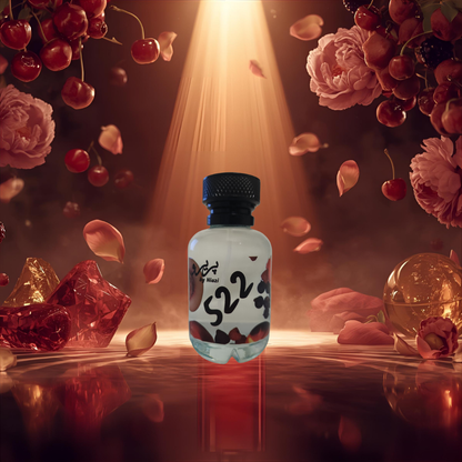 "Pareero Kirke-inspired premium perfume with red fruits, rose, peony, amber, vanilla, and woody notes, high-end fragrance bottle."