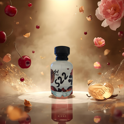"Pareero Kirke-inspired premium perfume with red fruits, rose, peony, amber, vanilla, and woody notes, high-end fragrance bottle."