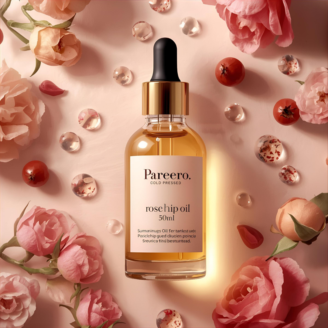 areero Rosehip Oil Cold Pressed 50ml — 100% pure and organic facial oil rich in vitamins A and C for brightening, hydrating, and rejuvenating skin. Helps fade scars, reduce wrinkles, even skin tone, and promote a healthy, youthful glow. Premium cold-pressed formula ideal for skincare, haircare, and body care.