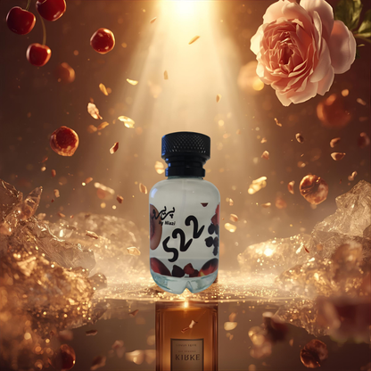"Pareero Kirke-inspired premium perfume with red fruits, rose, peony, amber, vanilla, and woody notes, high-end fragrance bottle."