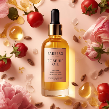 areero Rosehip Oil Cold Pressed 50ml — 100% pure and organic facial oil rich in vitamins A and C for brightening, hydrating, and rejuvenating skin. Helps fade scars, reduce wrinkles, even skin tone, and promote a healthy, youthful glow. Premium cold-pressed formula ideal for skincare, haircare, and body care.