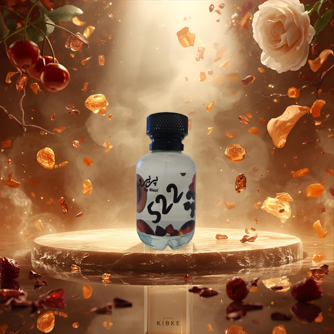 "Pareero Kirke-inspired premium perfume with red fruits, rose, peony, amber, vanilla, and woody notes, high-end fragrance bottle."