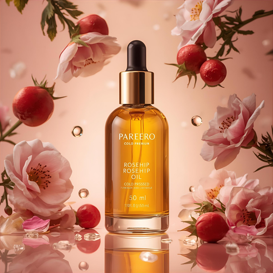 areero Rosehip Oil Cold Pressed 50ml — 100% pure and organic facial oil rich in vitamins A and C for brightening, hydrating, and rejuvenating skin. Helps fade scars, reduce wrinkles, even skin tone, and promote a healthy, youthful glow. Premium cold-pressed formula ideal for skincare, haircare, and body care.