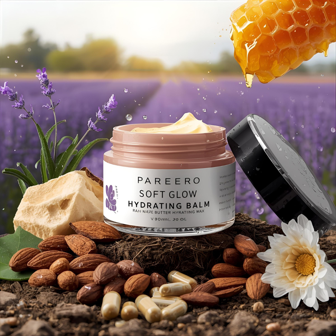 “Hand and foot cream with organic shea butter and beeswax – Pareero Soft Glow Balm for smooth, moisturized skin. Everyday natural moisturizer with aloe vera gel, coconut oil, and vitamin E – Pareero Soft Glow Balm.”