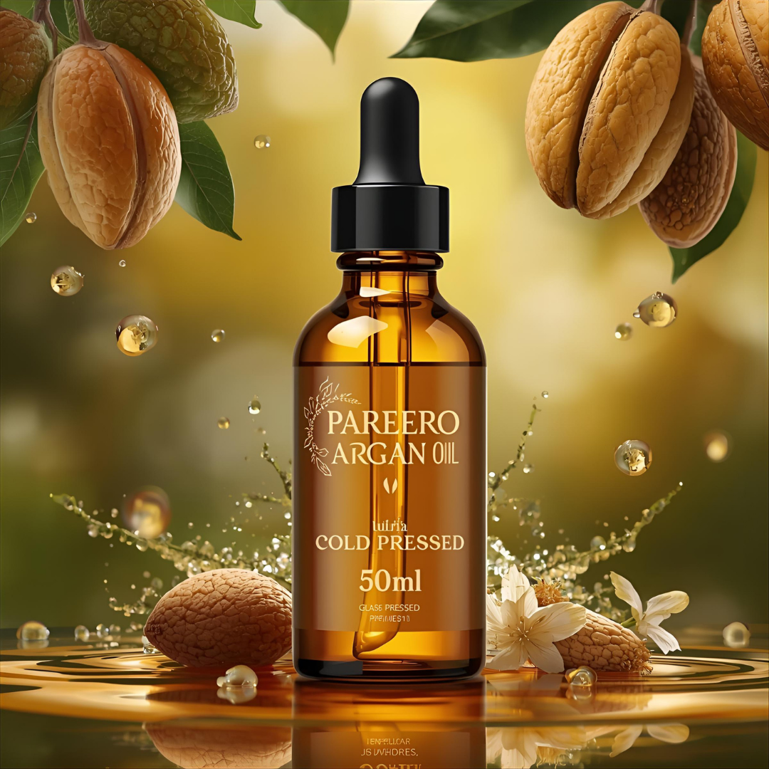 Pareero Argan Oil Cold Pressed 50ml — 100% pure and organic oil for deeply moisturizing and nourishing skin and hair, reducing dryness and fine lines, promoting healthy, radiant skin, strengthening hair, and enhancing natural glow. Premium cold-pressed formula ideal for daily skincare, haircare, and body care.
