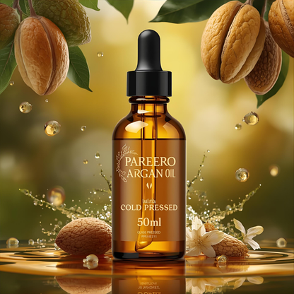 Pareero Argan Oil Cold Pressed 50ml — 100% pure and organic oil for deeply moisturizing and nourishing skin and hair, reducing dryness and fine lines, promoting healthy, radiant skin, strengthening hair, and enhancing natural glow. Premium cold-pressed formula ideal for daily skincare, haircare, and body care.