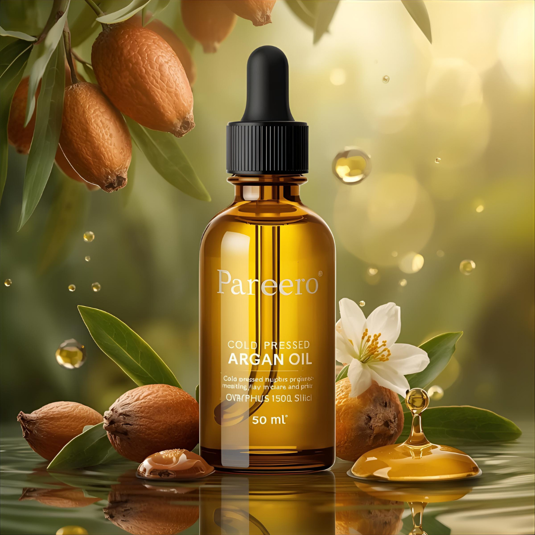 Pareero Argan Oil Cold Pressed 50ml — 100% pure and organic oil for deeply moisturizing and nourishing skin and hair, reducing dryness and fine lines, promoting healthy, radiant skin, strengthening hair, and enhancing natural glow. Premium cold-pressed formula ideal for daily skincare, haircare, and body care.