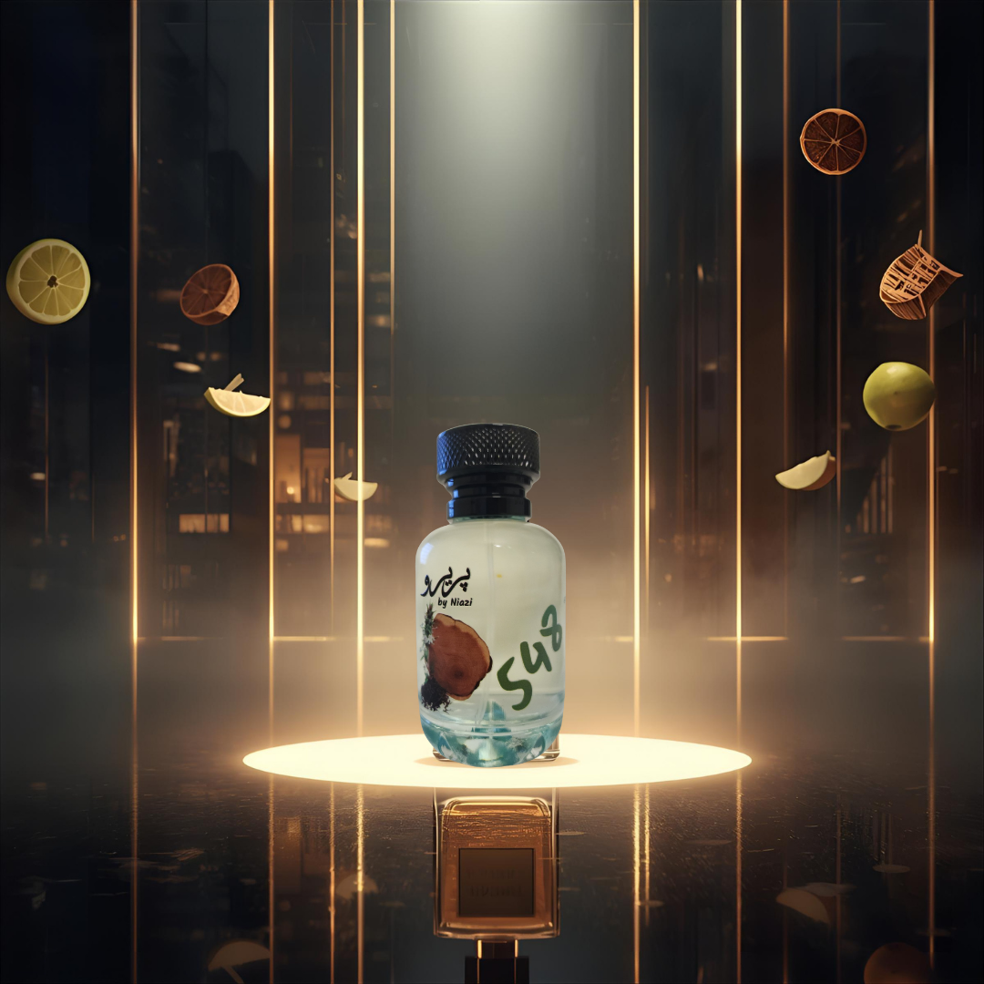 "Pareero Urban Journey-inspired masculine perfume with citrus, green apple, pink pepper, cardamom, amber, musk, and woody notes, high-end fragrance bottle."