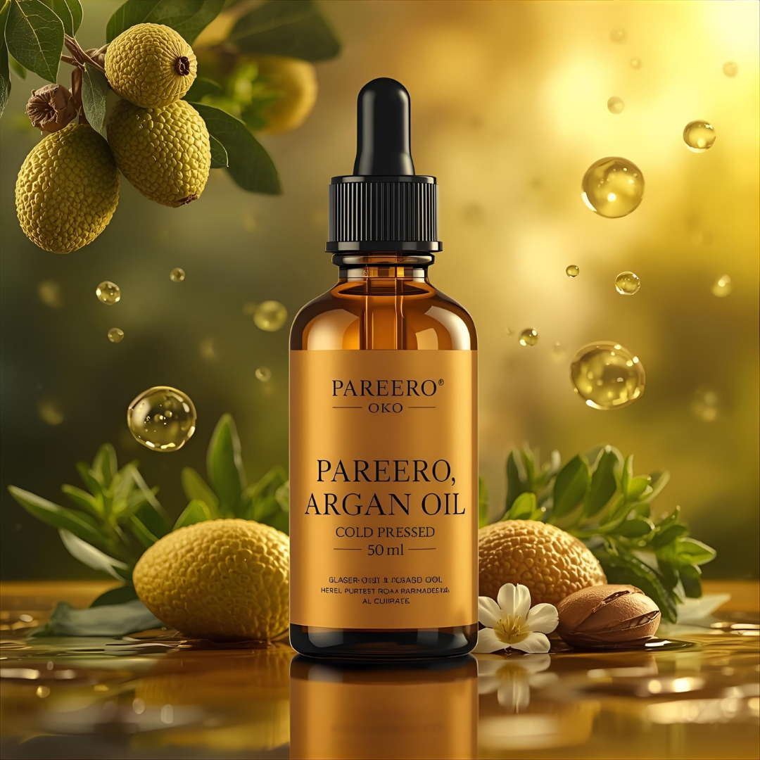 Pareero Argan Oil Cold Pressed 50ml — 100% pure and organic oil for deeply moisturizing and nourishing skin and hair, reducing dryness and fine lines, promoting healthy, radiant skin, strengthening hair, and enhancing natural glow. Premium cold-pressed formula ideal for daily skincare, haircare, and body care.