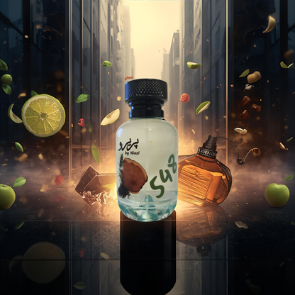 "Pareero Urban Journey-inspired masculine perfume with citrus, green apple, pink pepper, cardamom, amber, musk, and woody notes, high-end fragrance bottle."