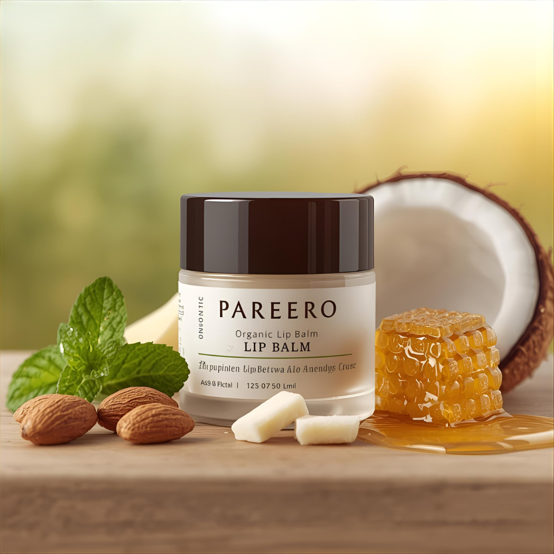 “Pareero Organic Lip & Cuticles Balm – natural vegan formula with beeswax, shea butter, coconut oil, almond oil, castor oil, peppermint oil, and vitamin E.”