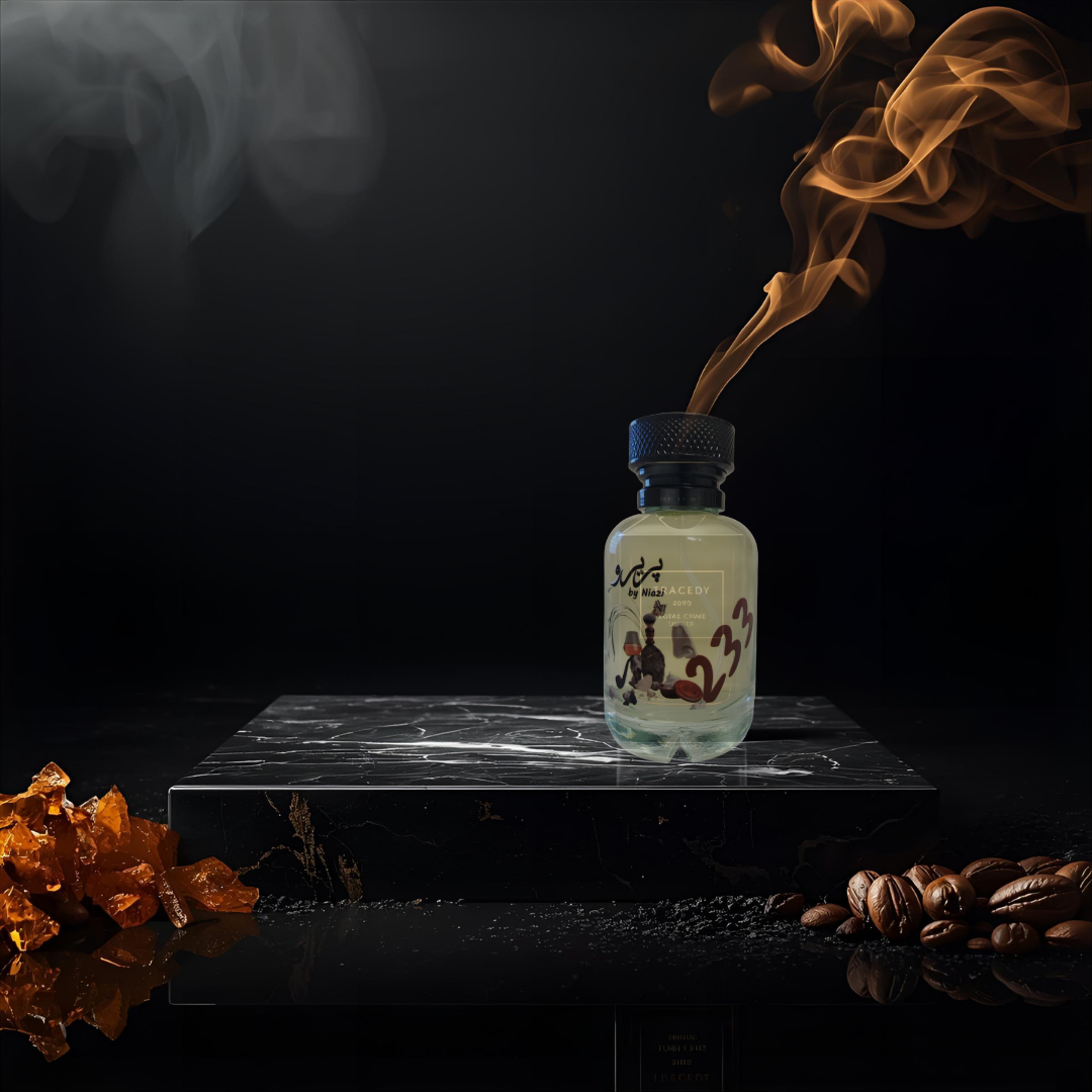 "Pareero 233 premium perfume inspired by Tragedy of George, featuring notes of brandy, amber, leather, tonka bean, and incense, luxury niche fragrance bottle."