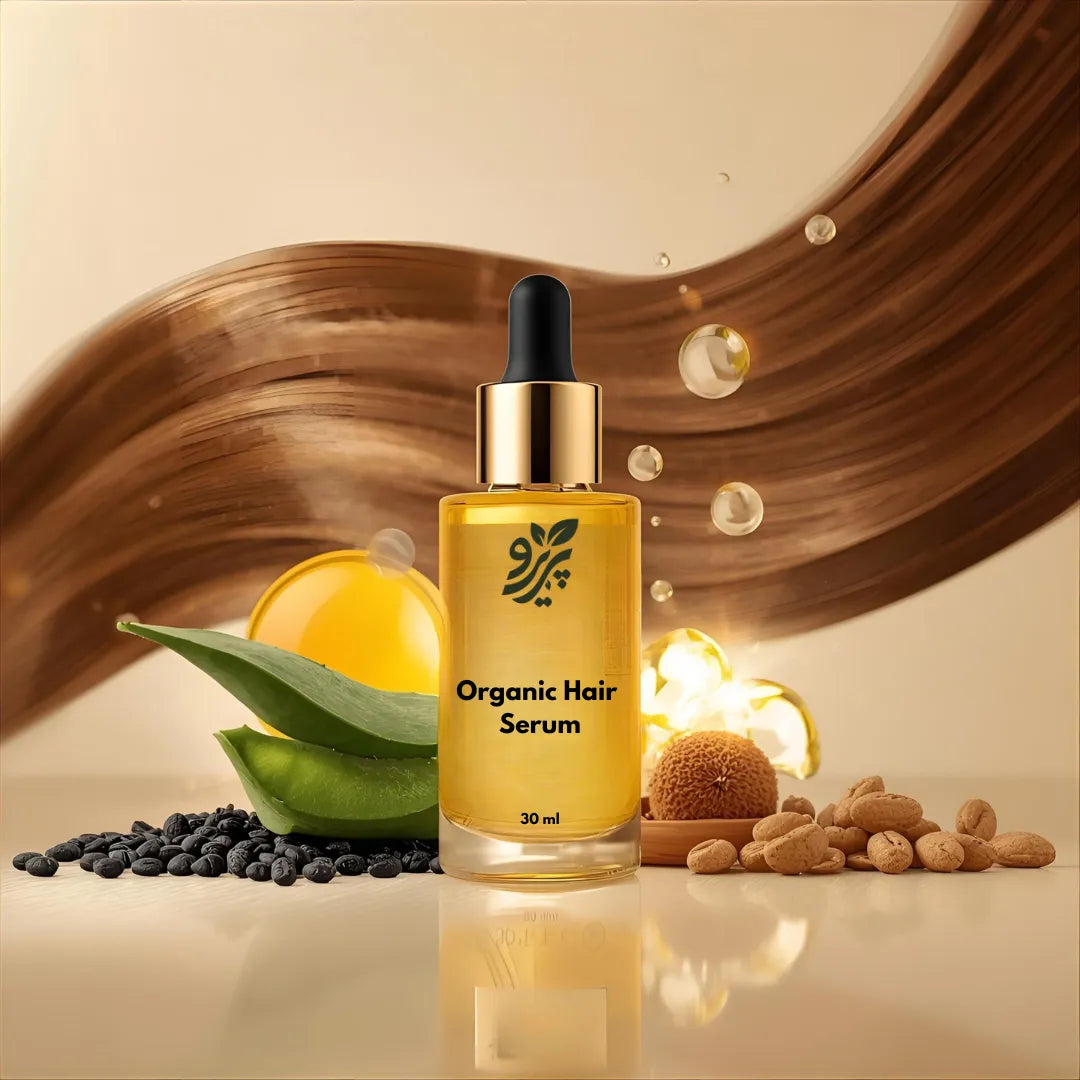 Pareero Organic Hair Serum with argan oil, jojoba oil, castor oil, black seed oil, aloe vera, and vitamin E – natural shine and hair growth treatment.