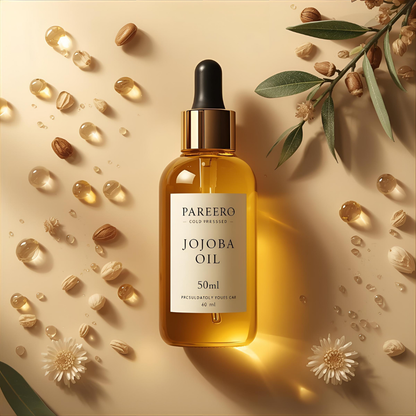 Pareero Jojoba Oil Cold Pressed 50ml — 100% pure, organic skincare oil for deep hydration, nourishing dry skin, strengthening hair, reducing fine lines, and promoting healthy, glowing skin. Premium cold-pressed formula for daily skincare and haircare routines.