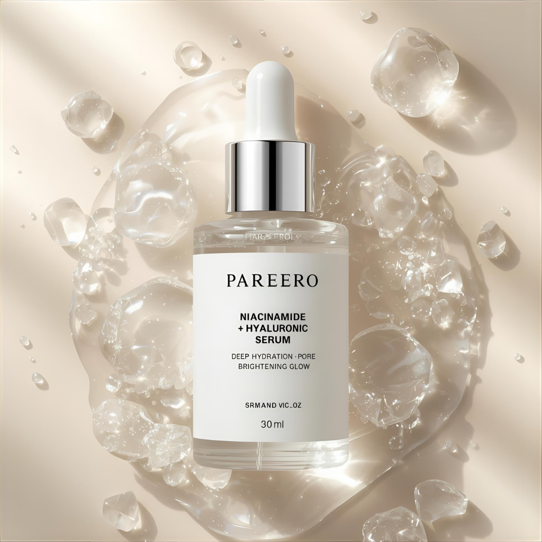Pareero Niacinamide Hyaluronic Moisturizing Serum — Brightening and hydrating face serum with Niacinamide, Hyaluronic Acid, and Vitamin E for smooth, glowing, and even-toned skin — lightweight, organic skincare formula for daily use.