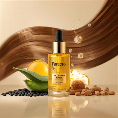 “Pareero Organic Hair Serum with argan oil, jojoba oil, castor oil, black seed oil, aloe vera, and vitamin E – natural shine and hair growth treatment.”