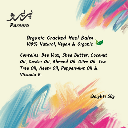 “Pareero Organic Cracked Heel Balm with beeswax, shea butter, coconut oil, almond oil, olive oil, tea tree, neem, peppermint, and vitamin E – intensive repair for dry, cracked heels.”