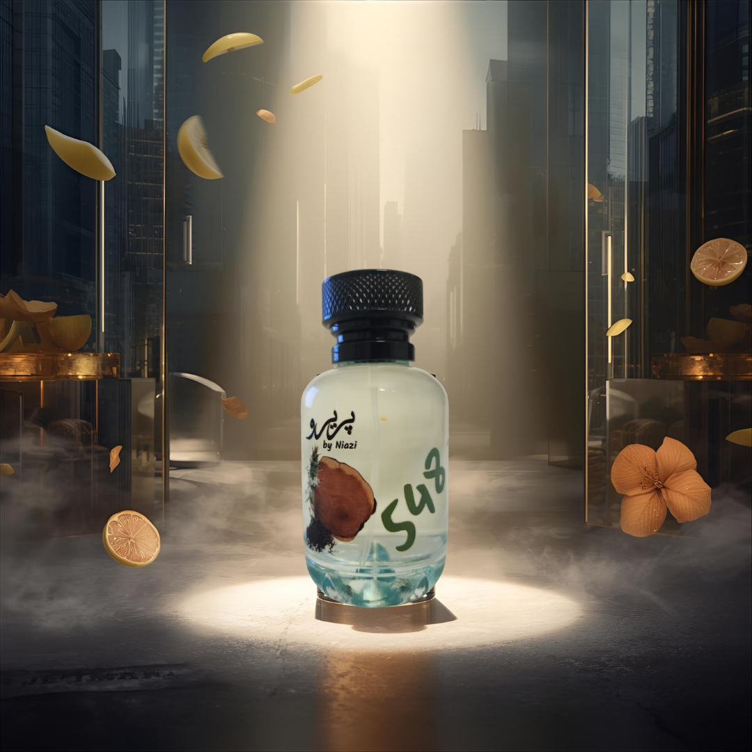 "Pareero Urban Journey-inspired masculine perfume with citrus, green apple, pink pepper, cardamom, amber, musk, and woody notes, high-end fragrance bottle."