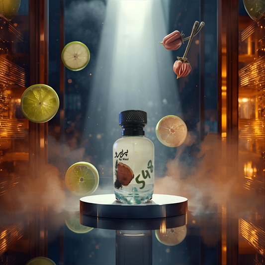 "Pareero Urban Journey-inspired masculine perfume with citrus, green apple, pink pepper, cardamom, amber, musk, and woody notes, high-end fragrance bottle."