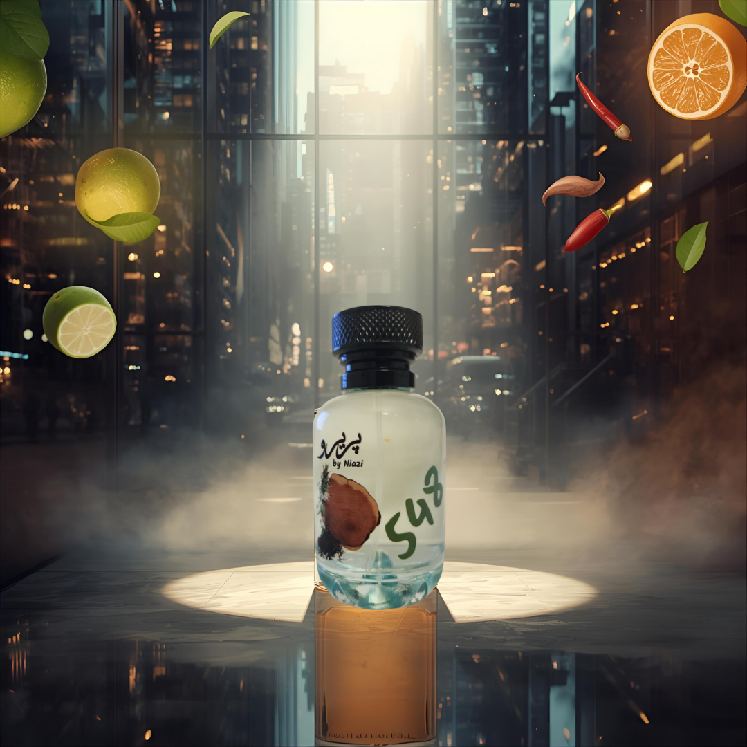 "Pareero Urban Journey-inspired masculine perfume with citrus, green apple, pink pepper, cardamom, amber, musk, and woody notes, high-end fragrance bottle."