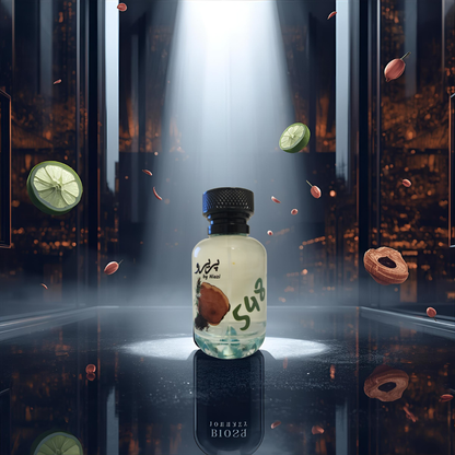 "Pareero Urban Journey-inspired masculine perfume with citrus, green apple, pink pepper, cardamom, amber, musk, and woody notes, high-end fragrance bottle."