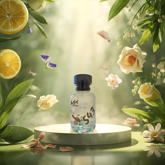 "Pareero Tommy Girl-inspired feminine perfume with citrus, apple, violet, rose, lily of the valley, jasmine, and woody notes, premium fragrance bottle."