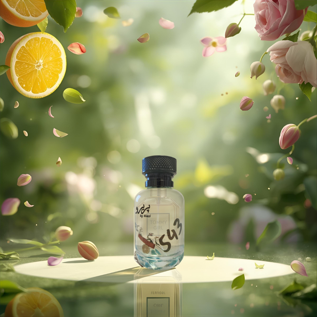 "Pareero Tommy Girl-inspired feminine perfume with citrus, apple, violet, rose, lily of the valley, jasmine, and woody notes, premium fragrance bottle."