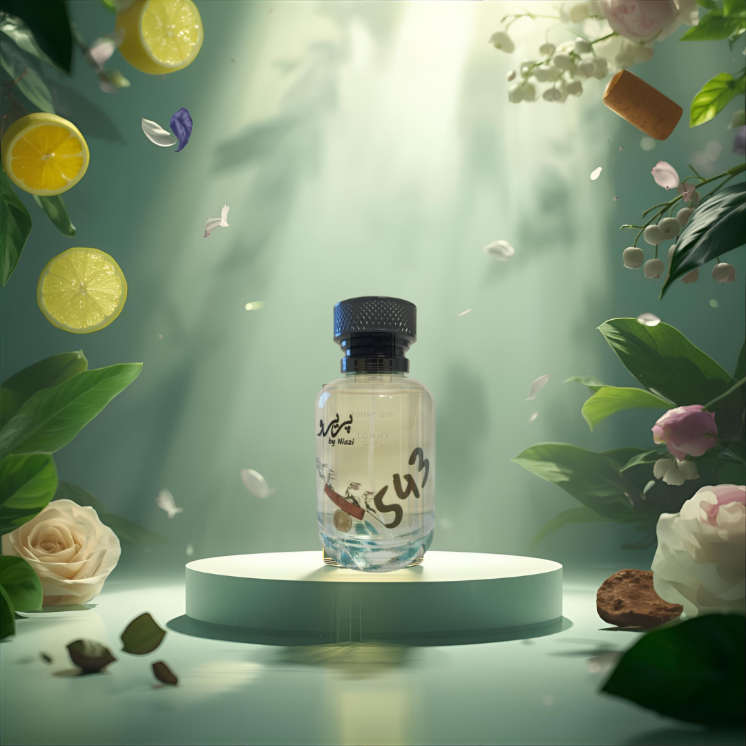 "Pareero Tommy Girl-inspired feminine perfume with citrus, apple, violet, rose, lily of the valley, jasmine, and woody notes, premium fragrance bottle."