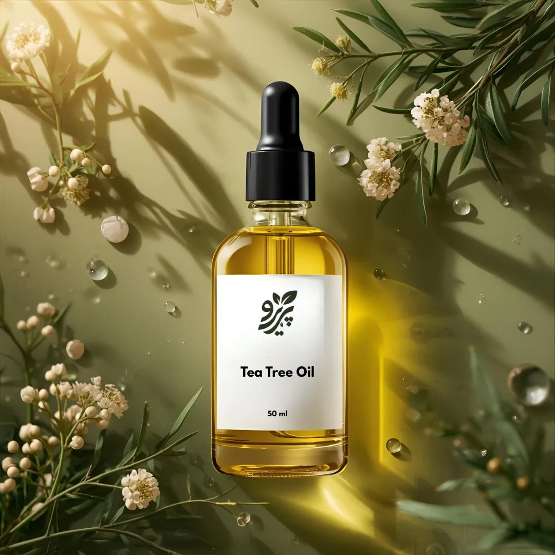 Pareero Tea Tree Oil Cold Pressed 50ml — 100% pure and organic antibacterial oil for acne treatment, scalp care, and skin purification. Helps reduce pimples, dandruff, and irritation while soothing and balancing oily skin. Premium cold-pressed formula ideal for skincare, haircare, and body care.