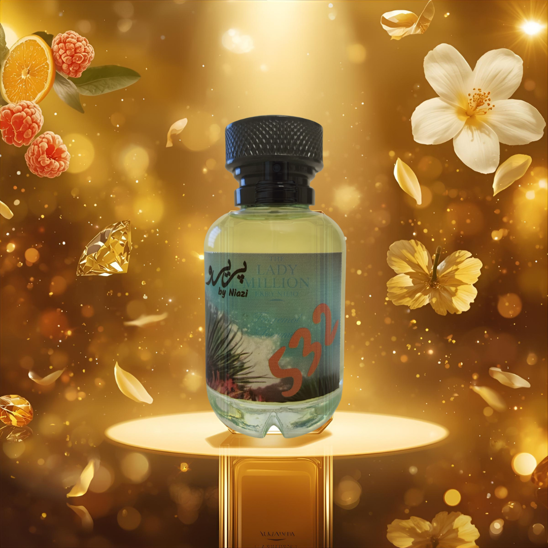 "Pareero Lady Million-inspired luxury perfume with orange blossom, raspberry, jasmine, neroli, honey, patchouli, and amber notes, glamorous fragrance bottle."