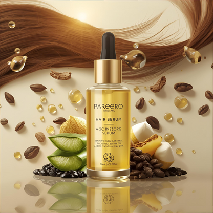 “Pareero Organic Hair Serum with argan oil, jojoba oil, castor oil, black seed oil, aloe vera, and vitamin E – natural shine and hair growth treatment.”