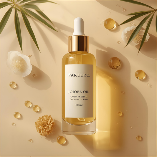 Pareero Jojoba Oil Cold Pressed 50ml — 100% pure, organic skincare oil for deep hydration, nourishing dry skin, strengthening hair, reducing fine lines, and promoting healthy, glowing skin. Premium cold-pressed formula for daily skincare and haircare routines.