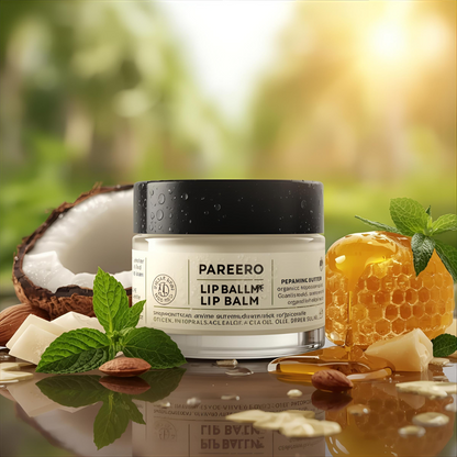 “Pareero Organic Lip & Cuticles Balm – natural vegan formula with beeswax, shea butter, coconut oil, almond oil, castor oil, peppermint oil, and vitamin E.”