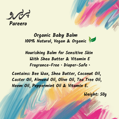 “Pareero Organic Baby Balm – nourishing balm for sensitive baby skin with shea butter, beeswax, coconut oil, almond oil, and vitamin E, fragrance-free and diaper-safe.”
