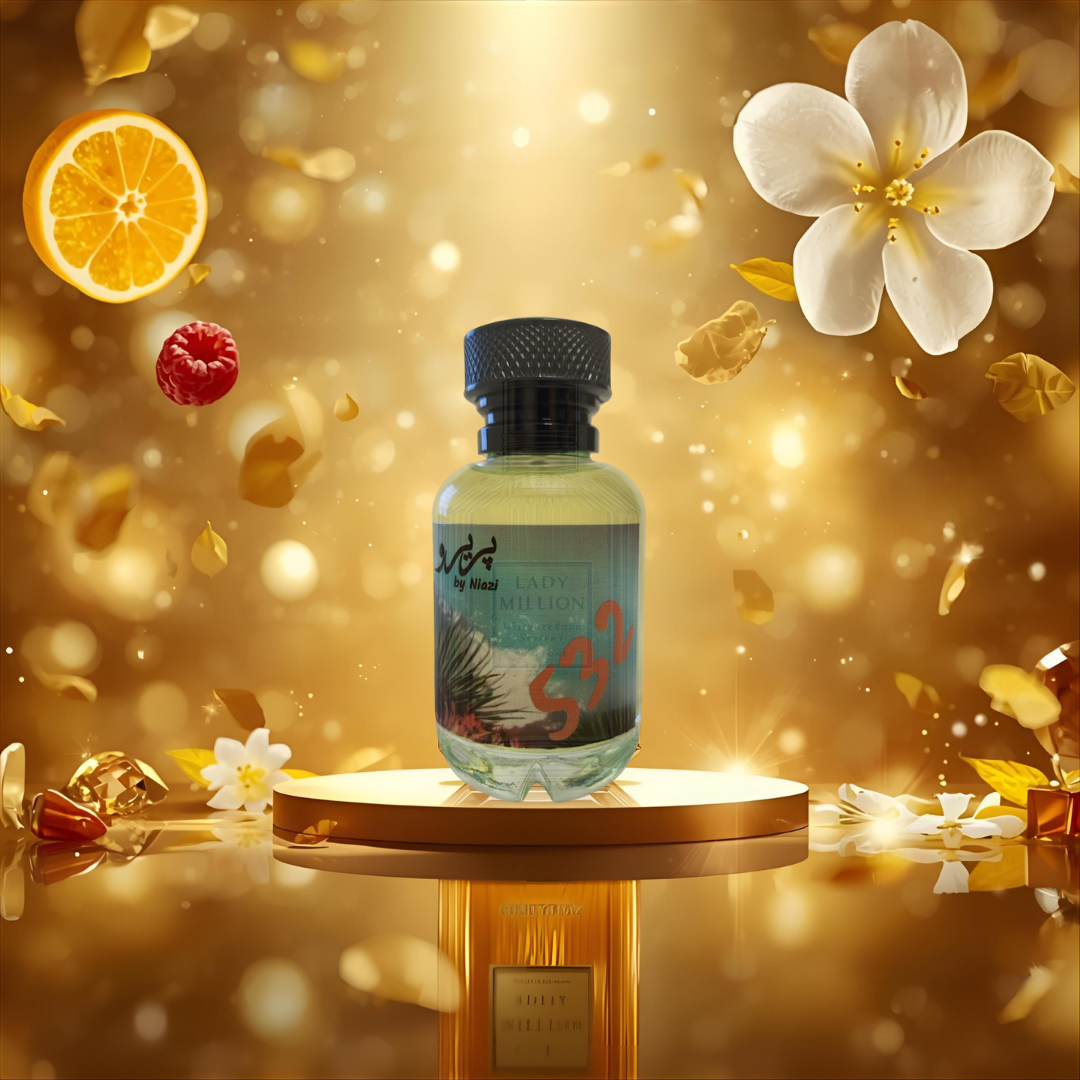 "Pareero Lady Million-inspired luxury perfume with orange blossom, raspberry, jasmine, neroli, honey, patchouli, and amber notes, glamorous fragrance bottle."